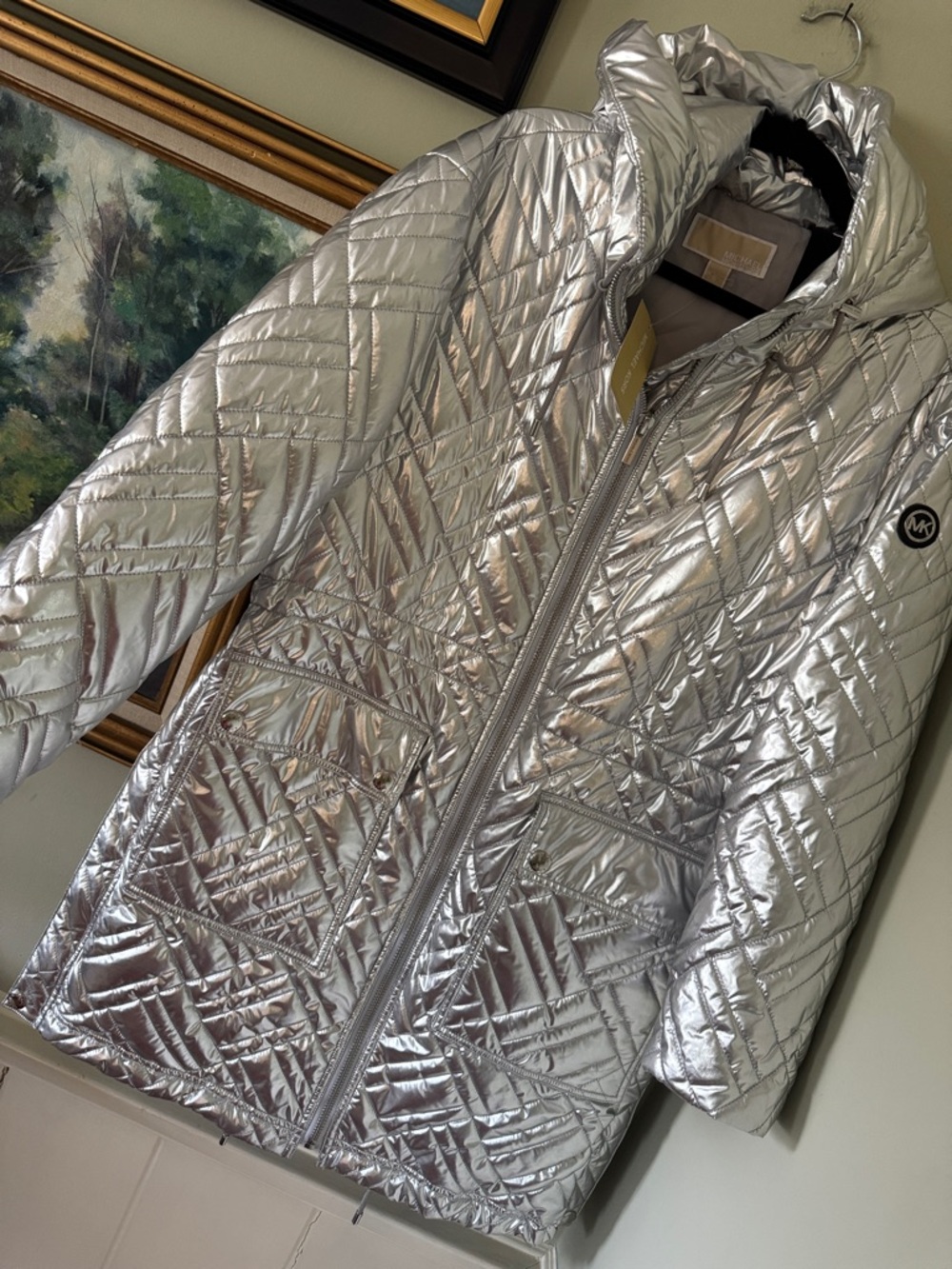 Michael Michael Kors Metallic Silver Quilted Hooded Jacket Coat S Small
